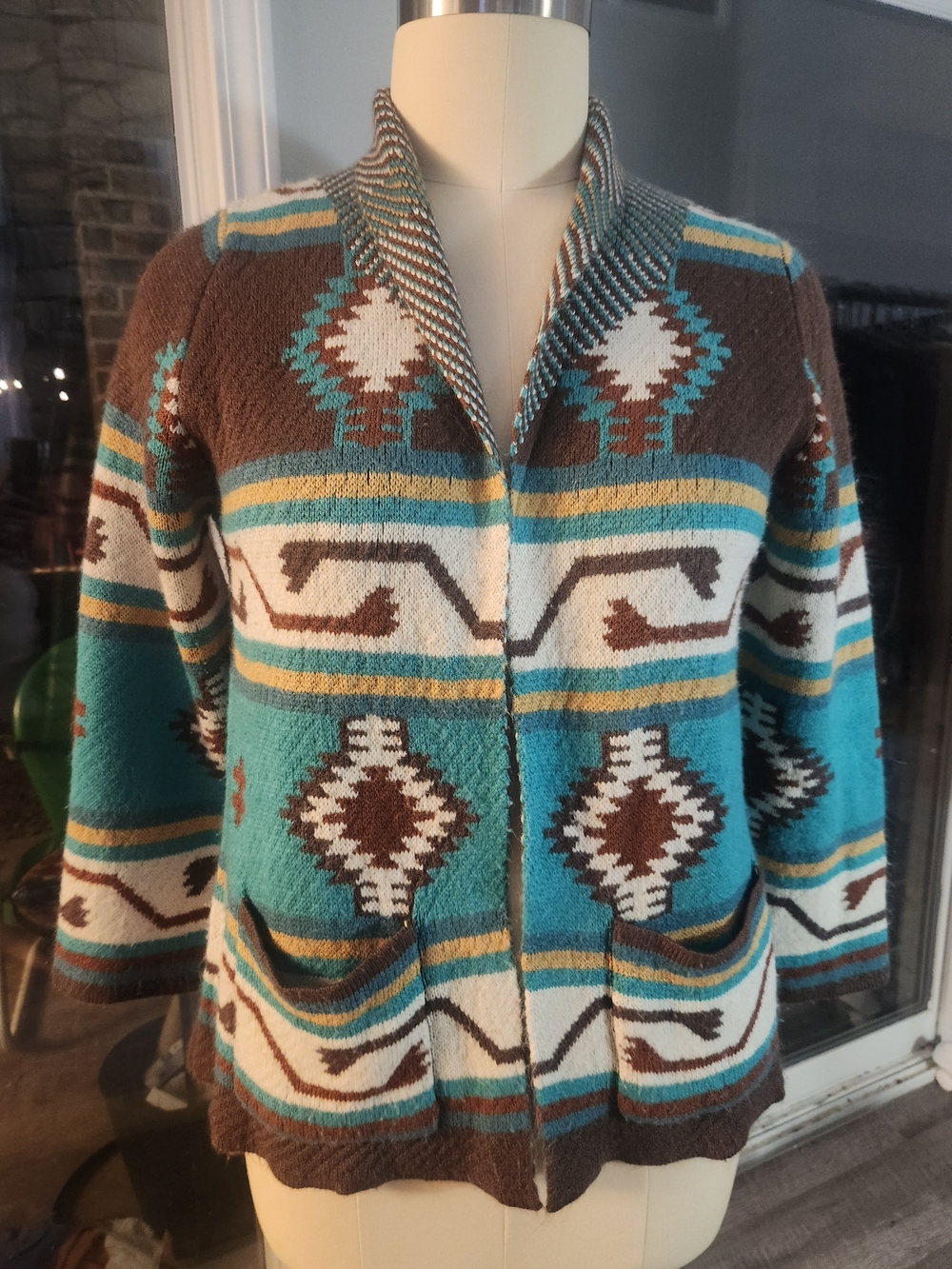 Turquoise & Brown Southwestern Shawl Collar Sweater Cardigan